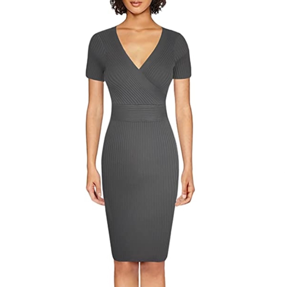 TAM WARE Womens Stylish Surplice Wrap Bodycon Knit Midi Dress Gray Size Small